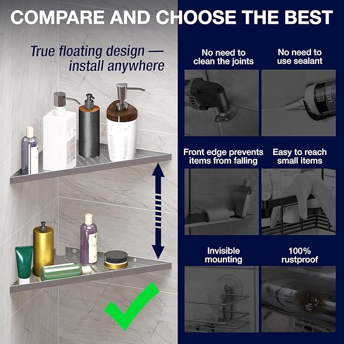 Corner Shower Shelf for Inside Shower - Adhesive/Stick/Drill/No Drill - Floating Strong 14" Silver Corner Shower Shelves for Bathroom, Tiled Wall, Caddy Organizer, Kitchen, Shower