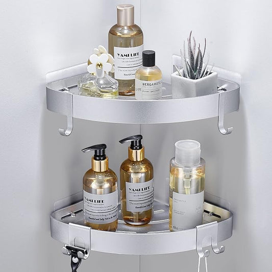 Adhesive Corner Shower Caddy with Hooks, Bathroom Shower Organizer, Silver