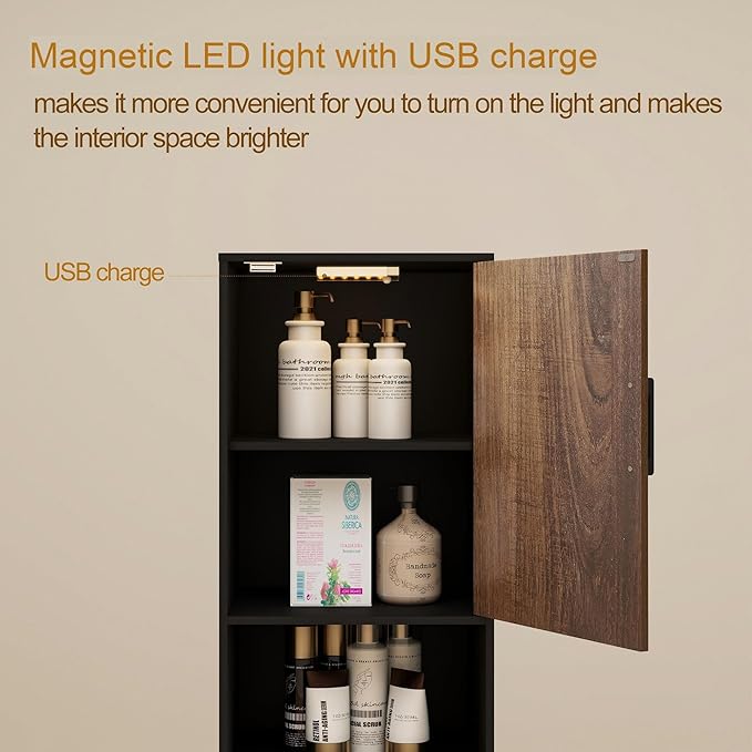 Tall Storage Cabinet, 13.15 Inch Narrow Bathroom Cabinet with USB Magnetic Light, Open Shelf, Magnetic Doors, 2 Adjustable Shelves, Anti-Tip Kit for Small Spaces, Living Room, Black, 57.1" H