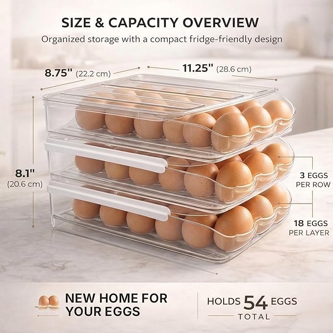 Egg Holder for Fridge with Rolling Auto Dispense, Egg Dispenser for Refrigerator, Stackable Egg Organizer for Refrigerator, Holds 54 Eggs, Clear Space Saving Storage Container for Kitchen Use