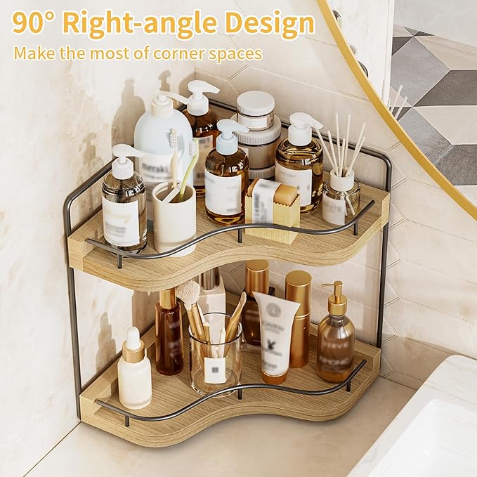 2-Tier Corner Bathroom Counter Organizers, Stable Wood Vanity Shelf for Perfume, Skincare & Makeup, Larger Size Countertop Organizer and Storage for Bathroom, Kitchen and Dresser(Light Brown)