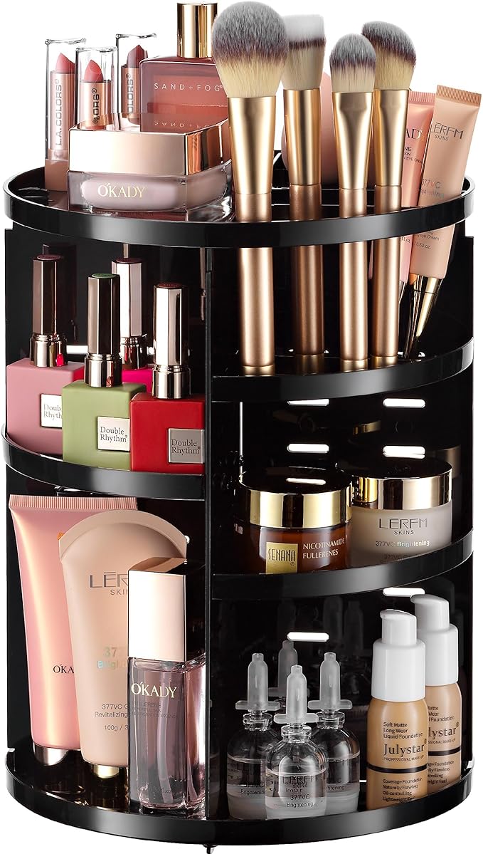 360 Rotating Makeup Organizer - Adjustable Shelf Height and Fully Rotatable. The Perfect Cosmetic Organizer for Bedroom Dresser or Vanity Countertop. (Black)