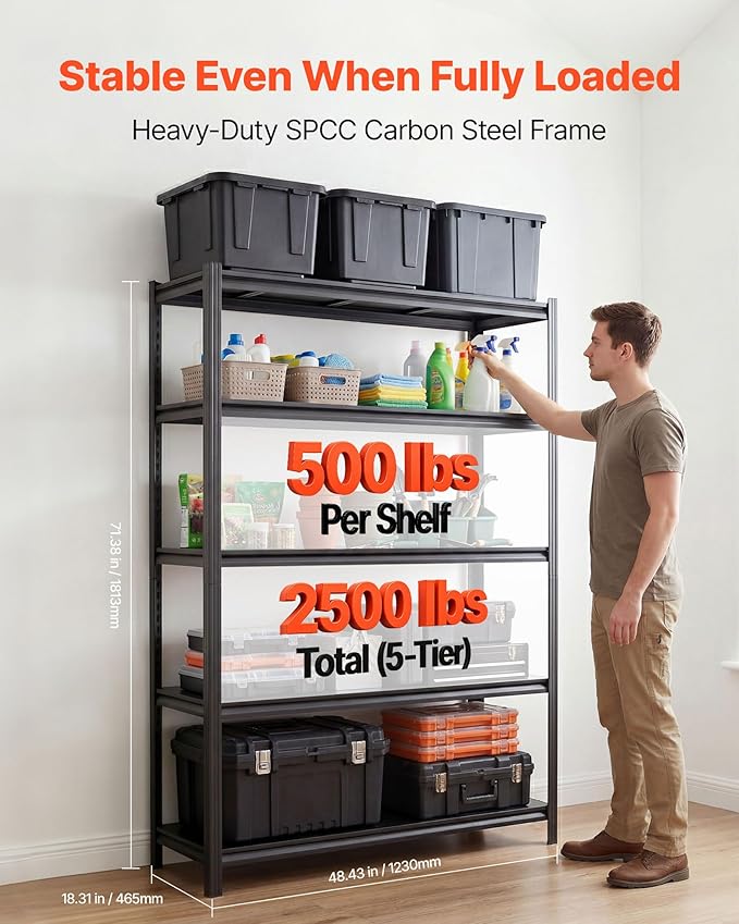 VEVOR Storage Shelves, 5-Tier Adjustable, 2500 lbs Capacity, Heavy Duty Garage Storage Shelving Unit, Metal Utility Rack Shelf, for Garage Warehouse Basement Kitchen, 48.43" W x 18.31" D x 71.38" H