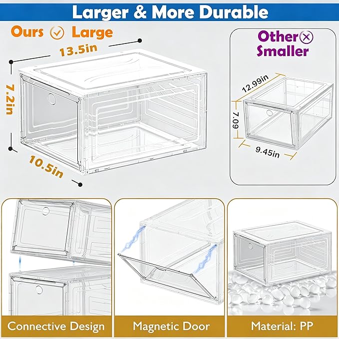 7 code Shoe Organizer, Clear Thickened Stackable Shoe Boxes with Magnetic Door