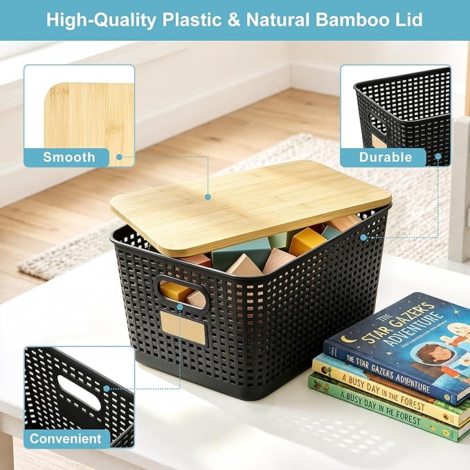 2 Pack Tall Plastic Storage Bins with Bamboo Lids, Black