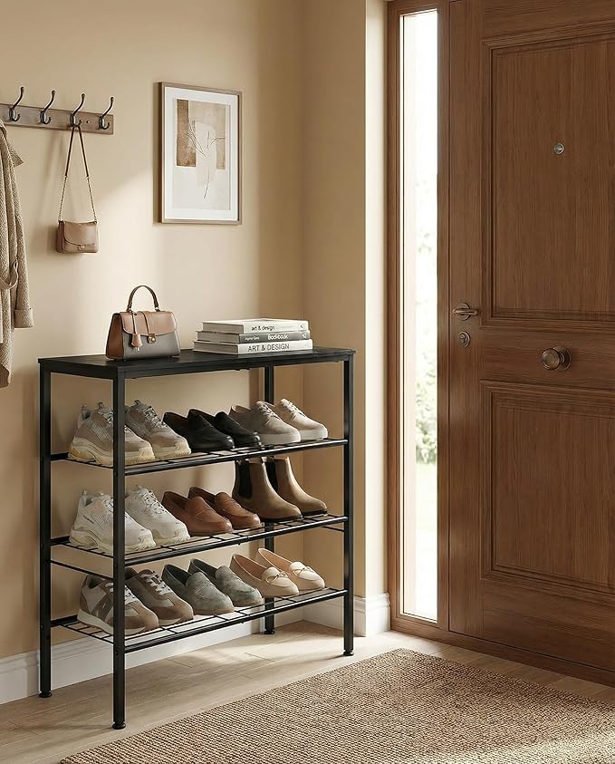 4-Tier Shoe Rack for Entryway, Bedroom & Living Room – Sturdy Shoe Storage Organizer with Adjustable Leveling Feet, Compact Design (26.9”x 11.8”x 25.1”), Black