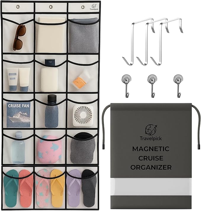 Magnetic Cruise Cabin Organizer 2026-15 Pocket Over the Door Hanging Shoe Organizer & Stateroom Storage, 40 LB Magnetic Hooks for Cruise Ship Cabin Essentials & Must Haves