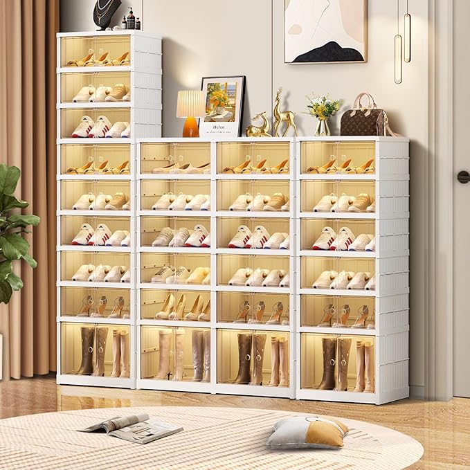 CIMLORD 3-Tier Foldable Shoe Rack Organizer for Closet 12Pairs Plastic Shoe Shelf Collapsible Shoes Storage Box Clear Shoe Boxes Stackable with Door Easy Assembly Shoe Cabinet with Lids Large