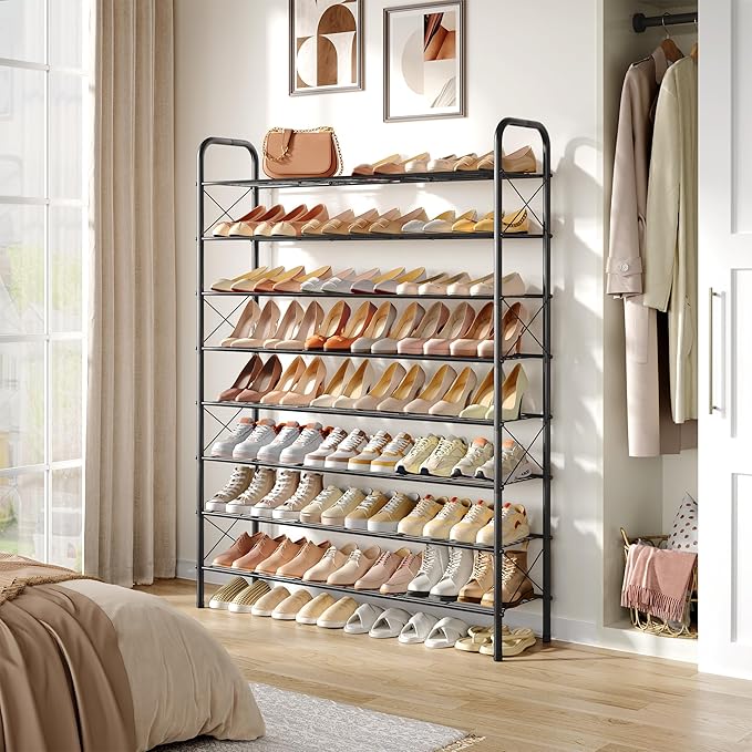 Hoctieon 8 Tier Shoe Rack for Closet, Durable Mesh Style Shoe Rack, Entryway Shoe Shelf, Shoe Storage Organizer for Hallway, Bedroom, Living Room, Wardrobe, Black
