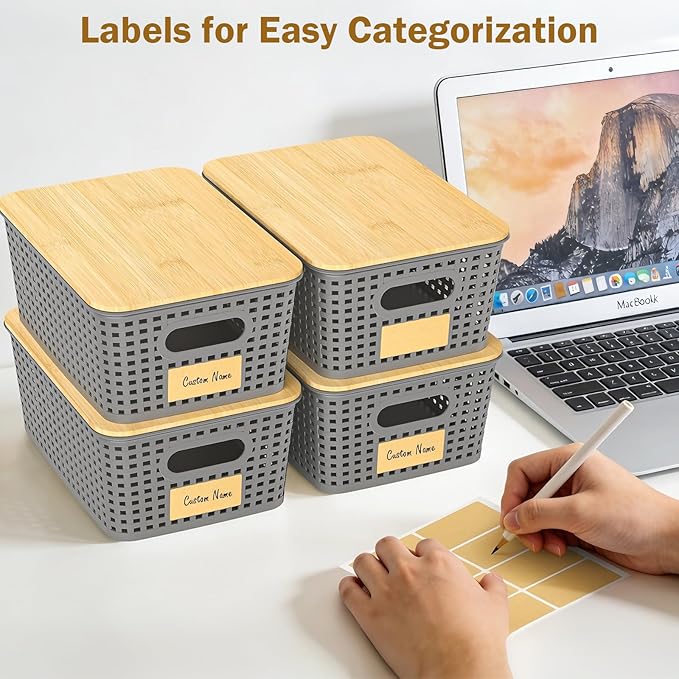 Stackable Storage Basket: Plastic Baskets Bins, Baskets for Organizing, Pantry Decorative Containers for Closets, Cabinets, Shelves(8 Pack, Grey)