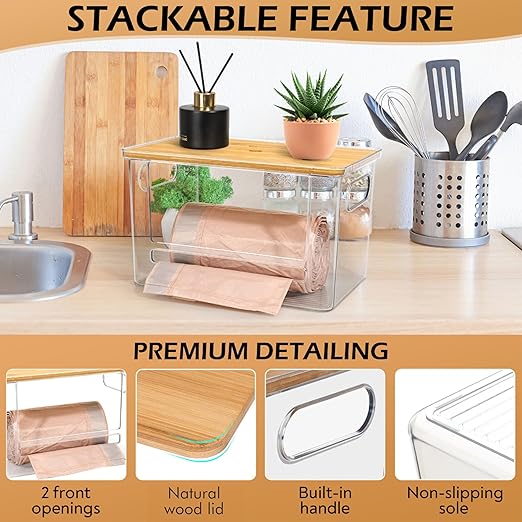 Stackable Trash Bag Dispenser with Wooden Top for Holding 13 to 33 Gallon Large