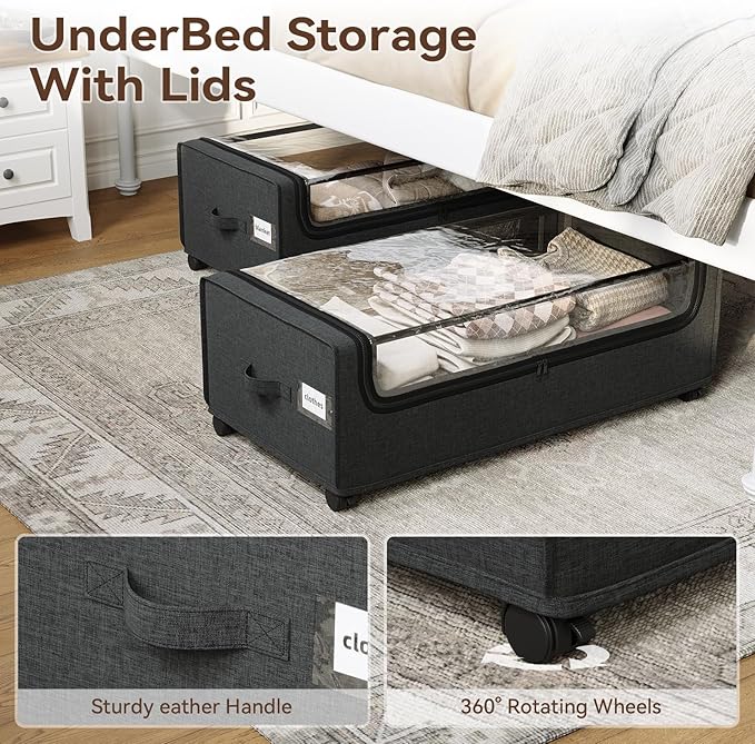 Under Bed Storage, Tall Size Under Bed Storage With Wheels, Under bed Shoe Storage, Metal Frame, 90L Capacity, Storage Drawers for Bedroom