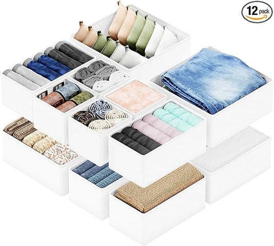 Drawer Organizer Clothes, 12 Pack Dresser Organizer Bins for Nursery, White