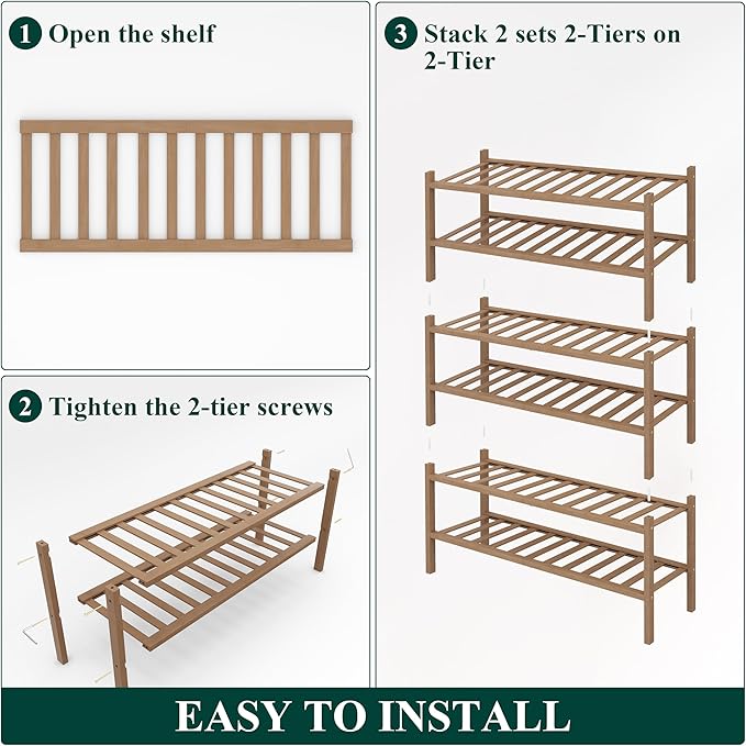 Smiry Bamboo Shoe Rack, 6 Tier Free Standing Wooden Shoe Organizer, Stackable Wood Shoe Storage Shelf for Closet, Entryway, 14 Vertical Slats, 2+2+2 Stack Heavy-Duty Legs, 26.8"x11"x39", Walnut
