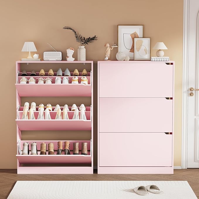 Shoe Storage Cabinet, Wood Shoe Organizer for Entryway with 3 Flip Drawers, Freestanding Shoe Rack with Adjustable Shelf, Narrow Shoe Dresser for Front Door Entrance(Pink, 47.2" x 31.5" x 9.25")