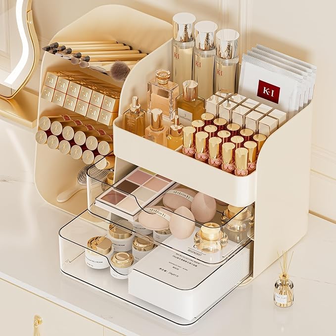 Makeup Organizer with Drawers, Large Capacity Countertop Organizer for Vanity, Bathroom and Bedroom Desk Cosmetics Organizer, Easy To Storage Skincare,Brushes, Eyeshadow,Lipstick (All Cream)
