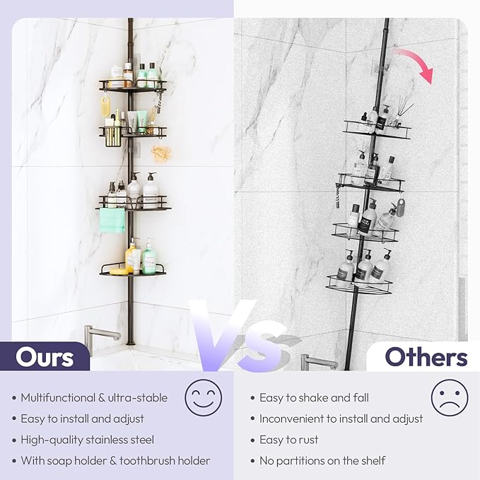 Shower Caddy Tension Pole, 4-Tier Corner Shower Organizer Tension Rod