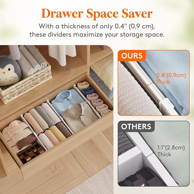 Lifewit 12 Pack Drawer Dividers for Clothes, 4" High 10.5"-16.5" Expandable Dresser Drawer Organizers, Adjustable White Plastic Separators for Kitchen, Cabinet, Nursery, Socks & Underwear Storage