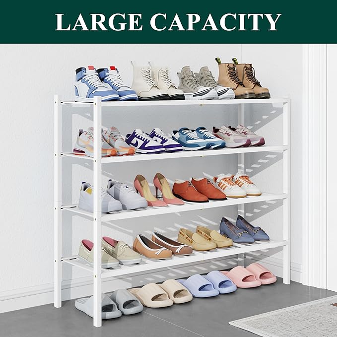 Smiry Bamboo Shoe Rack for Closet, 4 Tier Long Wooden Shoe Organizer, Stackable Wood Shoe Storage Shelf for Entryway, 14 Vertical Slats, 2+2 Stack Heavy-Duty Legs, 33.86"x11.02"x25.98", White