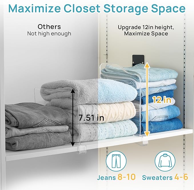 Vtopmart 8 Pack 12in Height Shelf Dividers for Closet Organization, Clear Plastic Closet Shelf Dividers of Upgrade Height for Maximizing Vertical Space Storage, Organizing Sweater, Jeans, Shirts, Bags