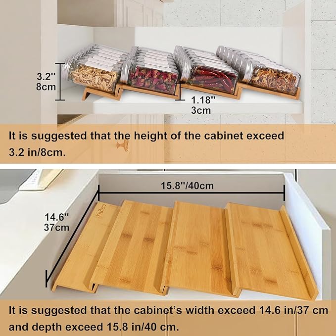 Spice Drawer Organizer with 35 Spice Jars,216 Labels,25 Non-slip Rubber, Bamboo 4 Tier Seasoning Rack Tray Insert for Kitchen Drawers,Cabinets,Countertop,14.6" Wide x 15.8" Deep