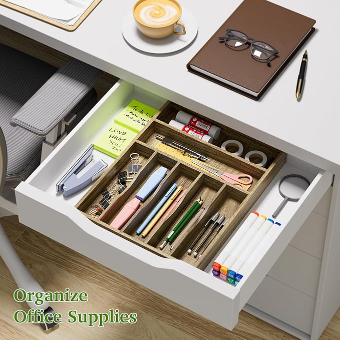 Kiasthome Acacia Wood Silverware Drawer Organizer, 7 Slots