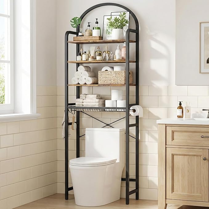 76" H Over the Toilet Storage Rack, 4-Tier Bathroom Organizer with Toilet Paper Holder & Hooks, Metal Frame with Wooden Shelves, Space Saver for Small Bathroom, Rustic Brown and Black