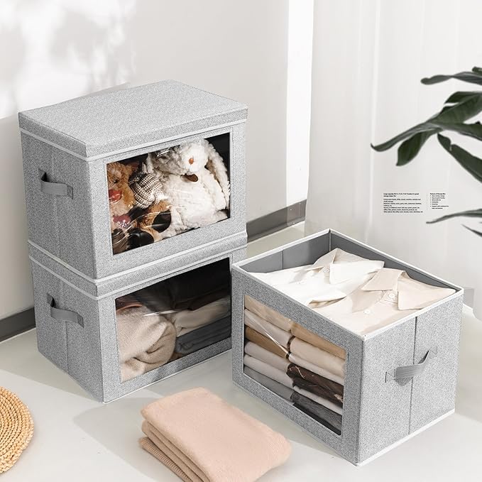 Homsorout Storage Bins with Lids, 6 Pack Large Storage Cubes with Window, Closet Bins with Lids & Handles, Fabric Box for Organizing Clothes, Towels, Books, Blended