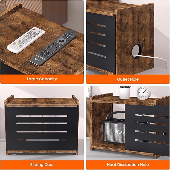 Homode Router Shelf, Wood Wifi Box Hider, Projector Shelf Stand, Router Modem Storage Box Power Strip Cable Management Hider Rack, Routers Cover Organizer for Office Home, Rustic Brown