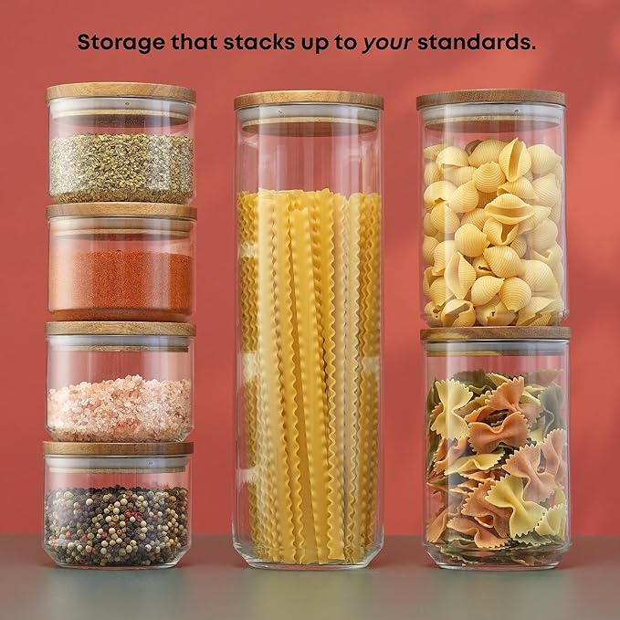 JoyJolt Holden 7-Piece Stackable Glass Storage Containers with Lids, Airtight Food Canister Set with Acacia Wood Lids, Round Stacking Pantry and Kitchen Containers for Pasta, Flour, Sugar, Coffee