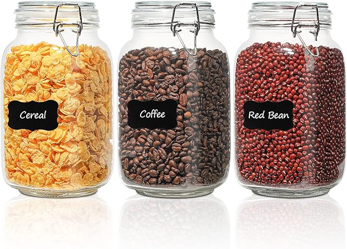 Set of 3 Square Glass Jars with Airtight Lids (51 Oz)