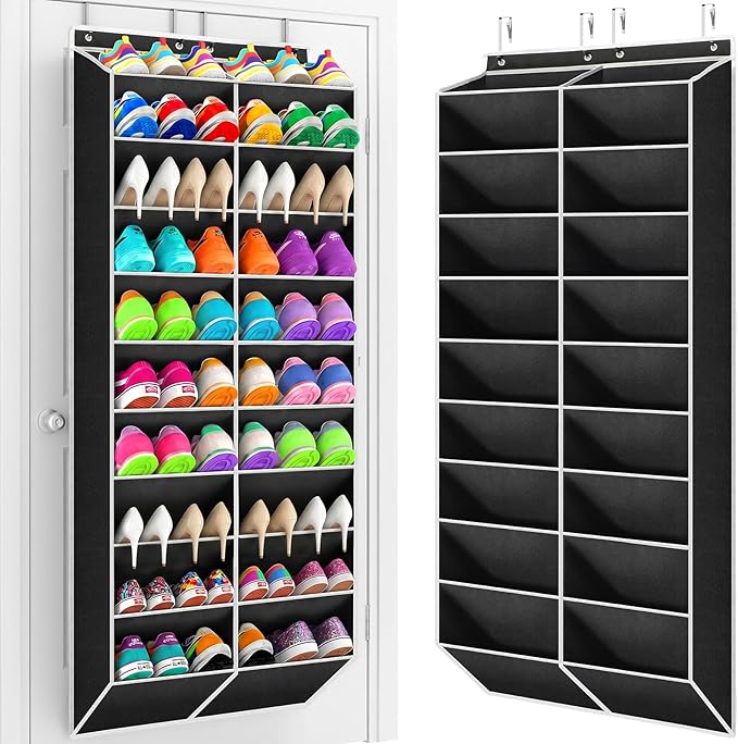 Yecaye 16-24 Pairs Over the Door Shoe Organizer, Large Capacity Hanging Shoe Rack for Door Hanger with Deep Pockets, 8 Tier Shoe Holder for Sneakers Boots Heels College Dorm Essentials, Black