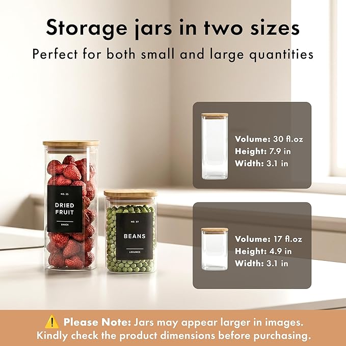 EDELHAUS Square Glass Storage Containers with Bamboo Lids 12-Pack (4x 30 oz, 8x 17 oz) Airtight Glass Storage Jars with Lids for Food, Stackable Glass Kitchen Canisters with 114 Labels for Pantry