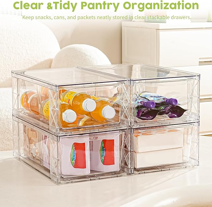 4 Pack Acrylic Storage Drawers, Clear Stackable Storage Drawers, Acrylic Organizers Drawers for Under Sink, Pantry, Bathroom, AcrylicStorage Containers for Makeup Organizers Cosmetic Display, Medium