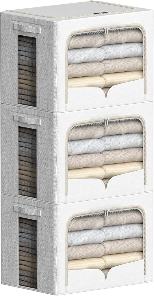 FHSQX 3 Pack Clothes Storage Bins - Foldable Metal Frame Storage Box - Stackable Linen Fabric Container Organizer Set with Carrying Handles and Clear Window (Cream White, 15.7x11.8x9.8inch(30L))