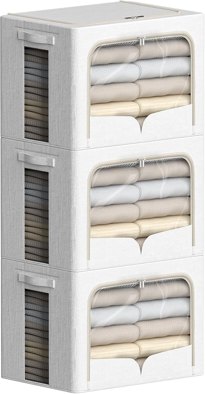 FHSQX 3 Pack Clothes Storage Bins - Foldable Metal Frame Storage Box - Stackable Linen Fabric Container Organizer Set with Carrying Handles and Clear Window (Cream White, 16.5x12.2x12.2inch(40L))