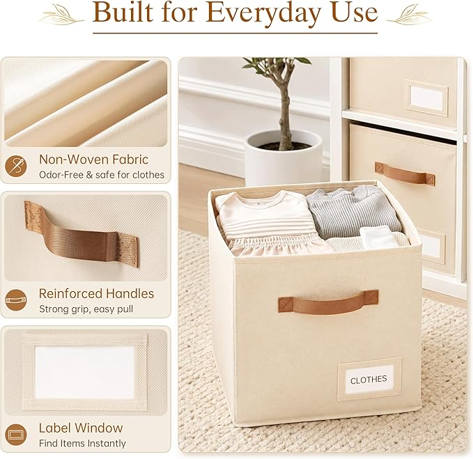 Storage Cubes 8 Pack, 11 Inch Fabric Storage Cubes Organizer Bins with Labels, Odor-Free & Sturdy PP Structure, Cubby Baskets for Closet, Shelves, Toys & Nursery (Beige)