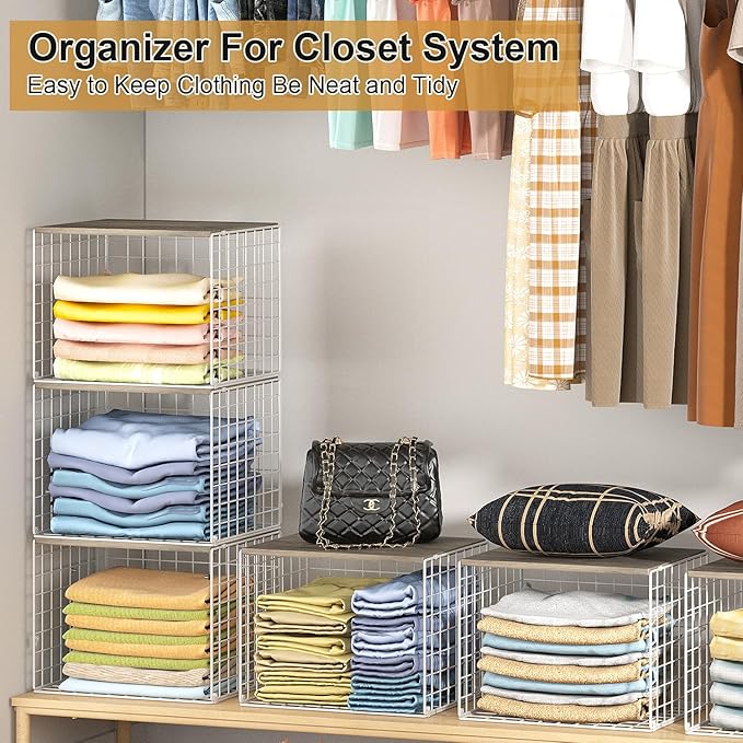 Closet Organizers And Storage Shelf, 3Pack Stackable Closet Storage Bin Basket For Clothes Sweaters With Top Board, Widened Opening, Heightened Height, Large Capacity Sturdy Clothing Storage Organizer