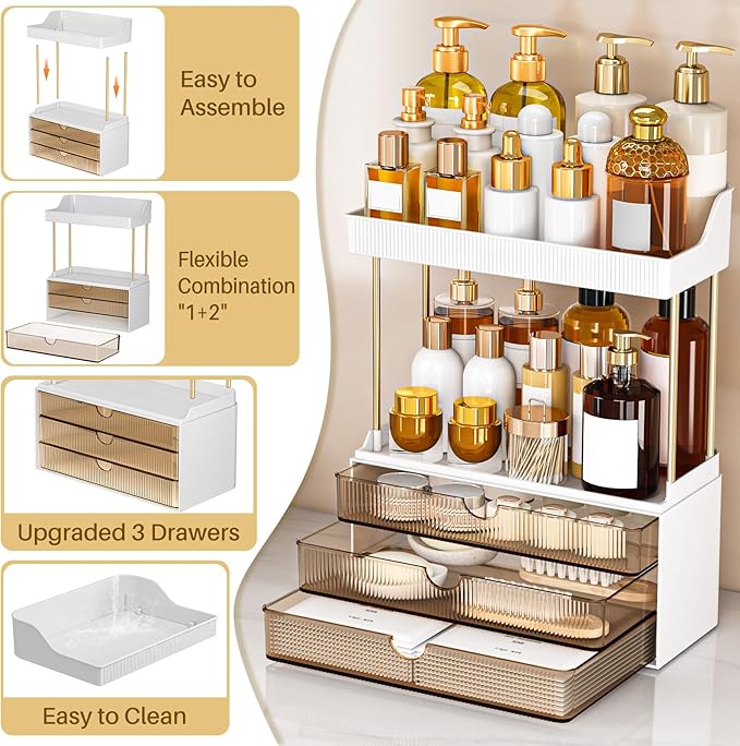 caktraie Bathroom Organizers and Storage - 3 Drawers 2 Tier Makeup Organizer, Cosmetic Storage Drawer for Dresser Countertop and Bathroom Vanity for Large Skincare, Perfume, Amber