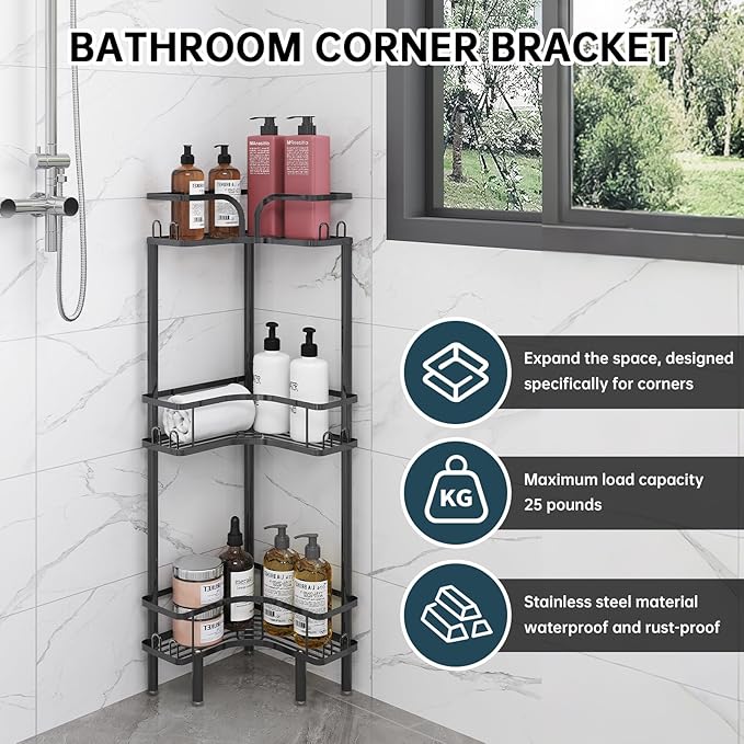 Standing Shower Corner Caddy, 3-Tier Stainless Steel Material Shower Organizer with 12 Hooks - Space Saving Corner Shelf with Adjustable Feet for Bathroom, Compact Spaces (Black, 3 Tiers)