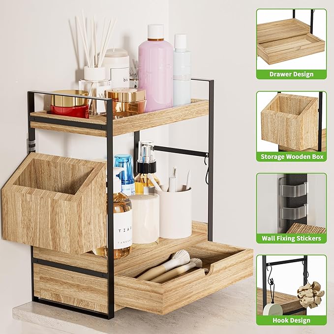 2-Tier Bathroom Counter Organizer with Drawer, Basket & Hooks, Light Brown