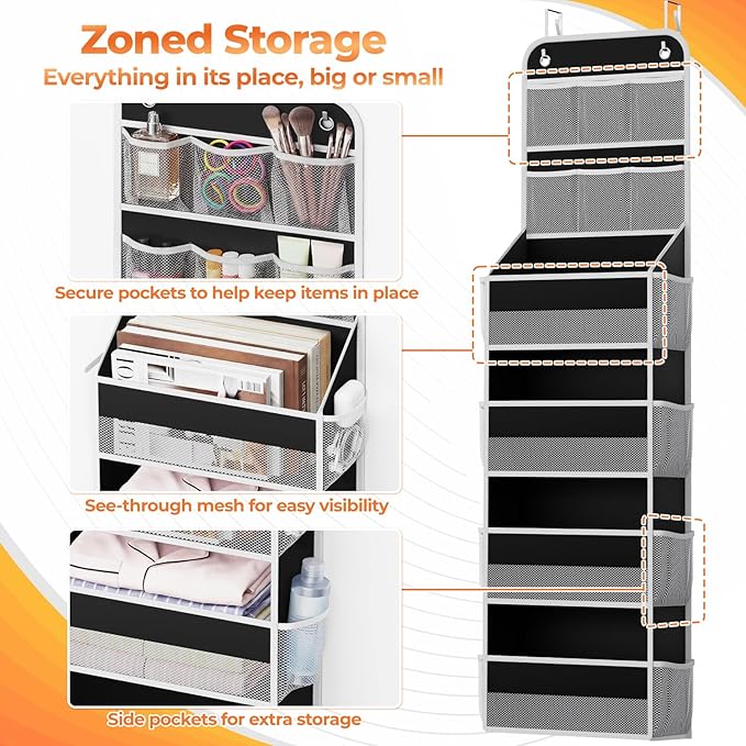 6-Tier Over the Door Organizer with Mesh Pockets, Black