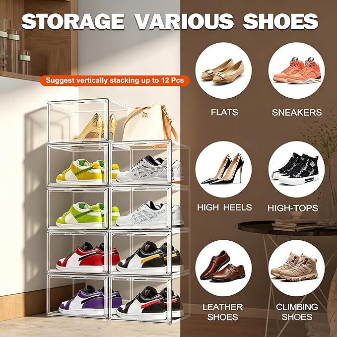 12 Pack Acrylic Shoe Storage Boxes Clear Sneaker Shoe Display Case Fit US Size 12, Stackable Hat Sneaker Shoe Organizer for Closet, Entryway, Underbed, Space Saving Shoe Boxes for Men Women