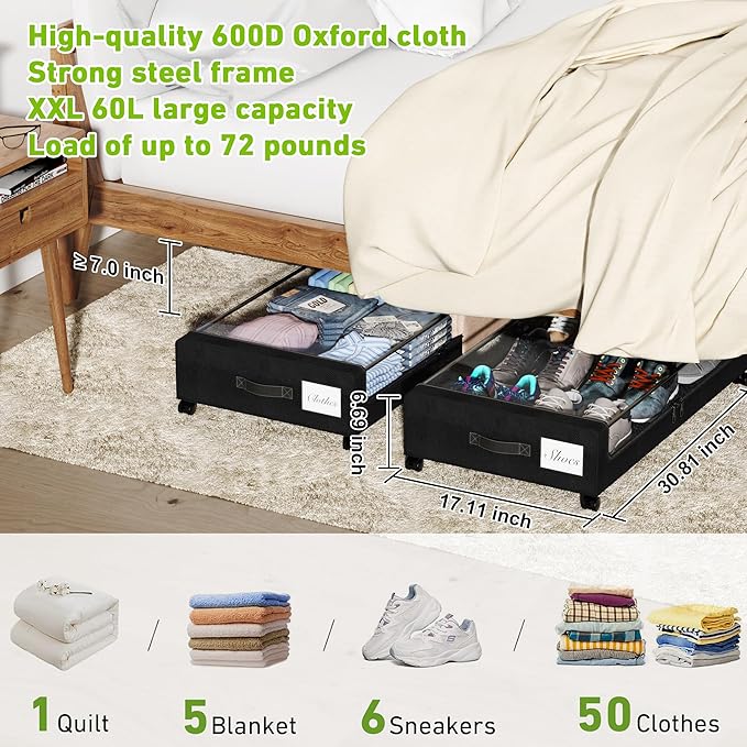 YAASHEEN Under Bed Storage with Wheels, 4-Pack Under the Bed Storage Containers with Clear Lids & Label, Underbed Storage Bins, XXL 60L Rolling Metal Drawer for Clothes, Shoes, Toys, Books - Black
