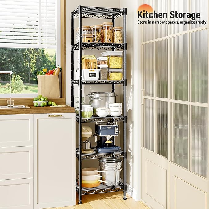 DurayLoly 6-Tier Narrow Storage Shelves with Anti-Tip Screws, 265 lbs Capacity, Adjustable Metal Wire Shelving Unit for Kitchen, Pantry, Bathroom, Laundry Room & Garage – 15.8" W x 11.8" D x 63.8" H