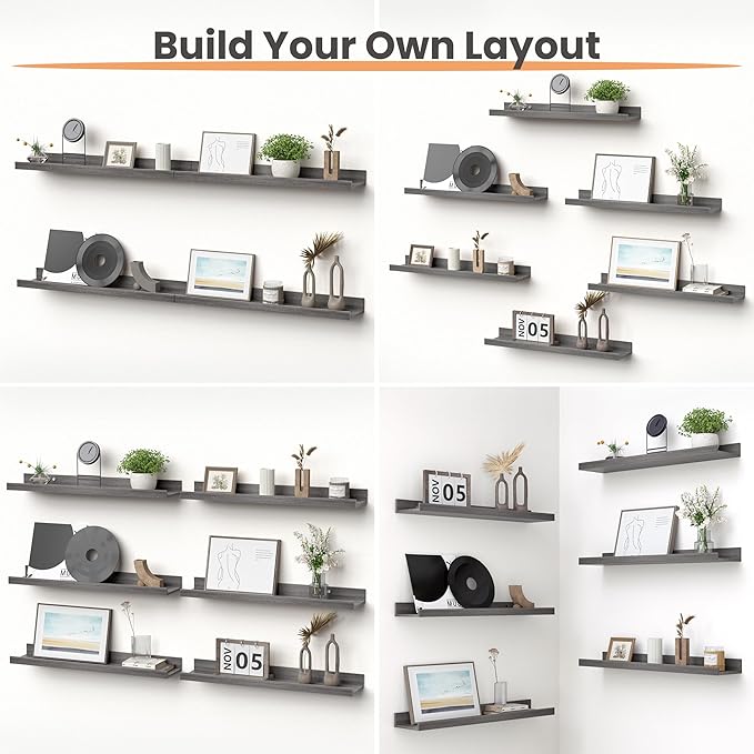 Floating Shelves for Wall, 23.6 Inch Shelves for Decor Storage Set of 6, Grey