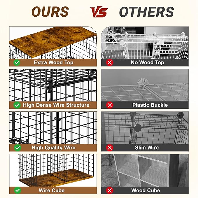6-Cube Tall Closet Organizer Storage Wire Basket Shelf with Wood Top for Wardrobe Bedroom Closet Systeem, Stackable Sturdy Space-saving Clothing Shelves for Clothes, Sweaters, Pants, Handbags, Shoes