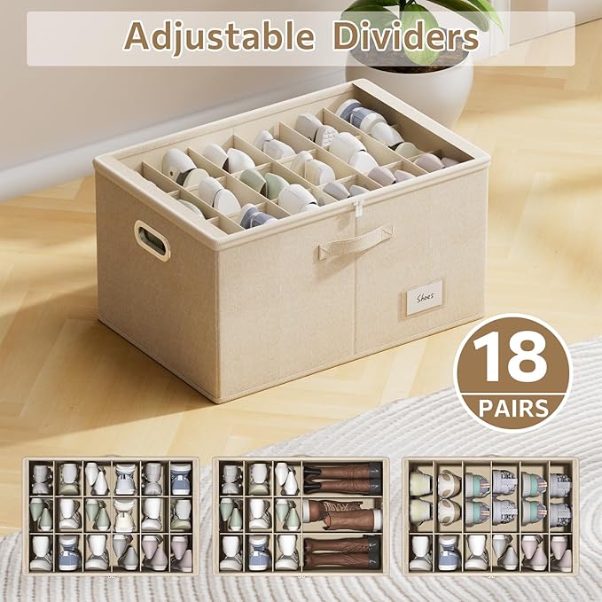 Shoe Organizer for Closet, Shoe Box Storage Containers Fit 18 Pairs Foldable Shoe Storage Bins with Clear Cover & Adjustable Dividers for Shoes Blankets Linen Clothing (Beige, (24.4*16.5*12.9)x1)