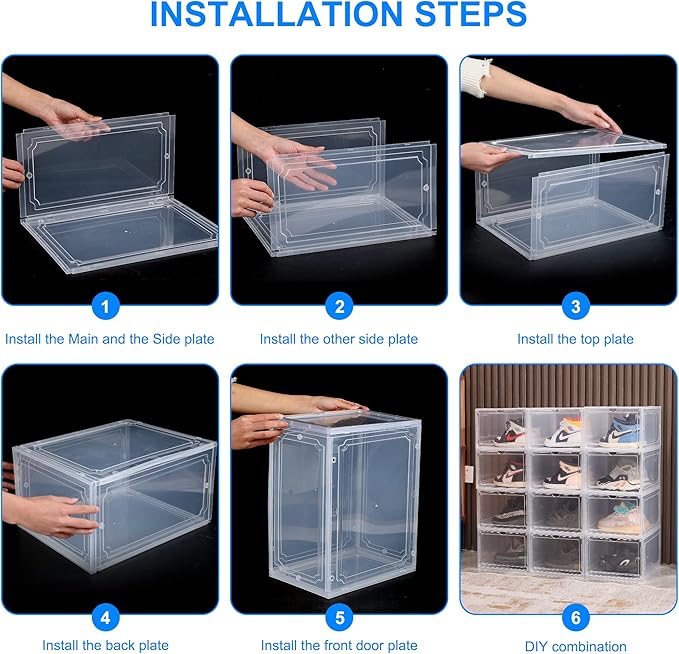 HIYOHIYO Size 14 Shoe Boxes Clear Plastic Stackable, Sneaker Containers Magnetic Shoes Storage Box Foldable Drop Front Organizer Shoes Cases for Home Display Bins 1 Pack (14.2"x 11"x 7.9")