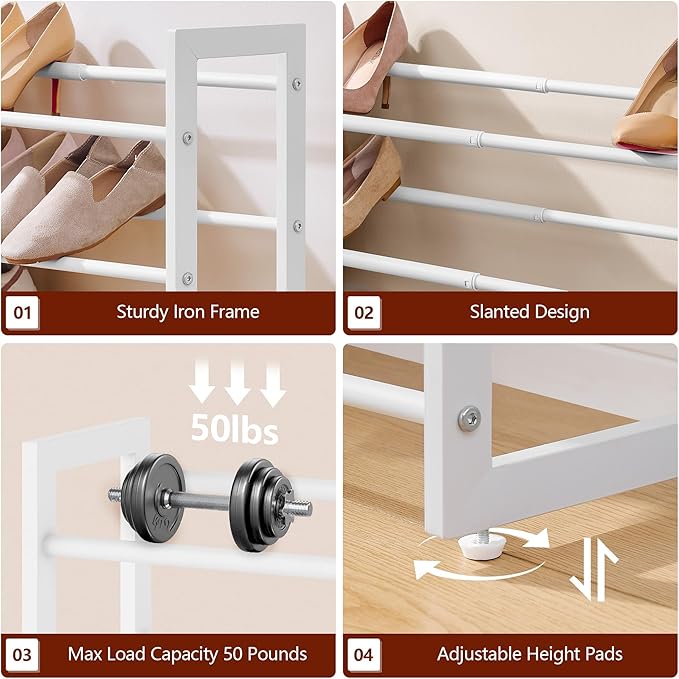 FAVOOSTY 4-Tier Expandable Shoe Rack, Adjustable Shoe Shelf Storage Organizer Space Saving Metal Free Standing Shoe Rack for Entryway Closet Doorway, White